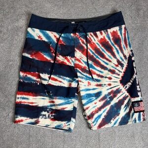 Volcom Mod-Tech Flag Logo Board Shorts USA Peace Sign Tie Dye Men's Size 33